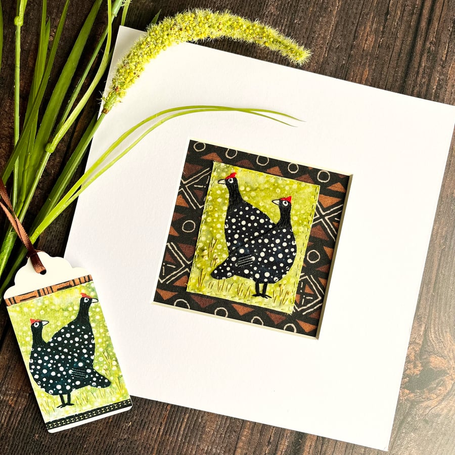 Textile artwork of African Guineafowl, hand stitched bird, gift for bird lover