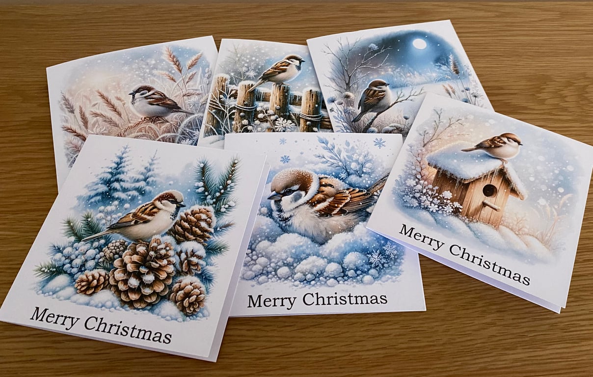 Winter Sparrow Christmas Cards. Pack of 6.