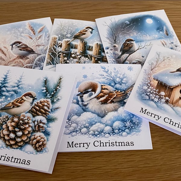 Winter Sparrow Christmas Cards. Pack of 6.