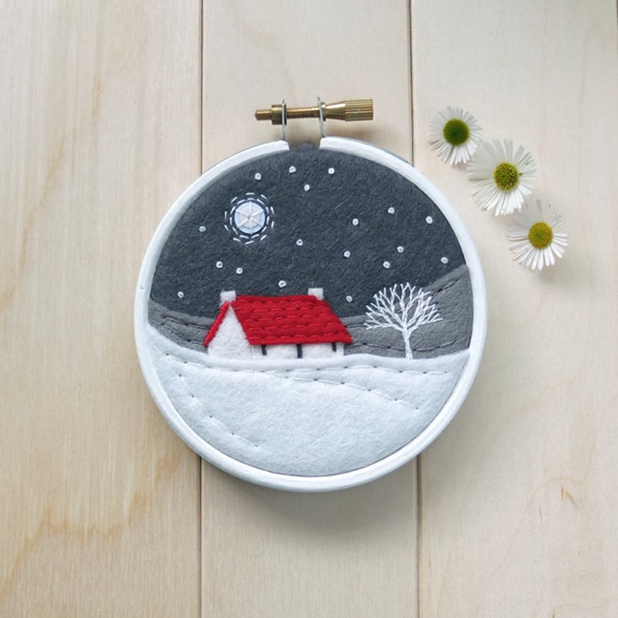 Scottish Red Roofed Cottage with Tree Embroidery Hoop Art Textile Art Scotland