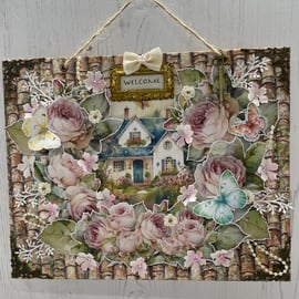 Welcome, altered canvas, 3D cottage and roses wall hanging PB10