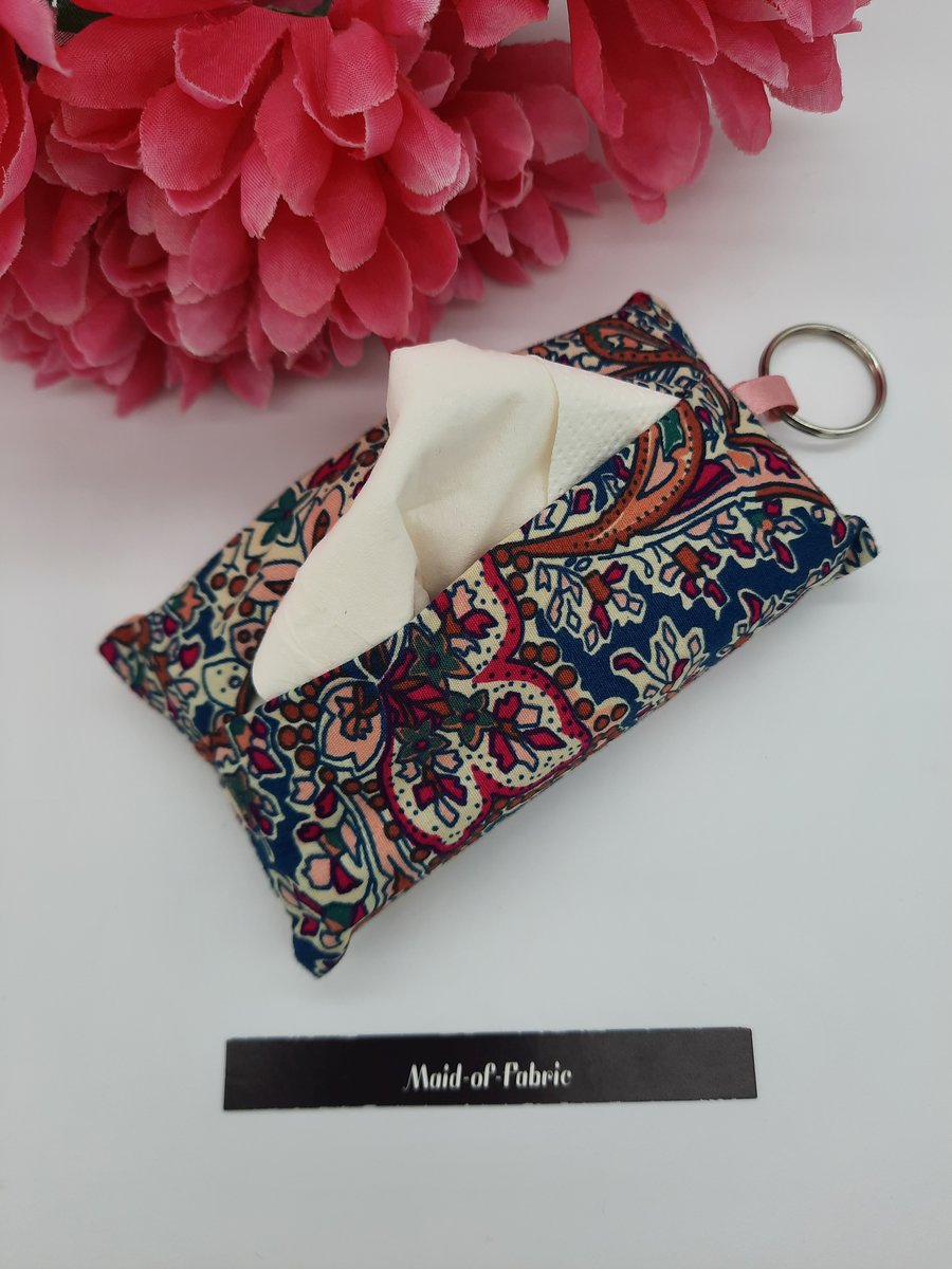 Keyring tissue holder, free uk delivery,  raspberry and teal pattern 