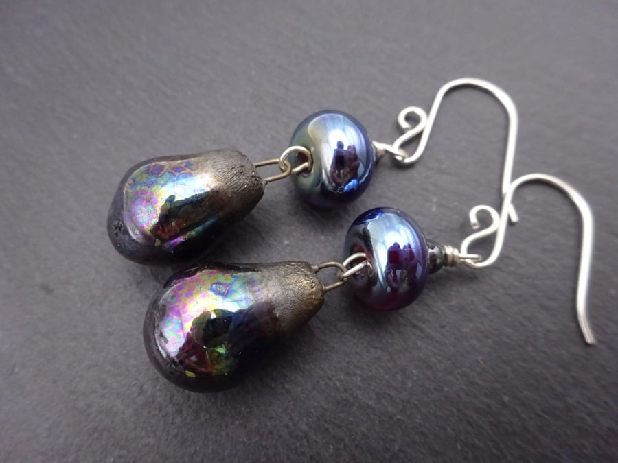 iridescent lampwork glass and ceramic earrings, sterling silver jewellery