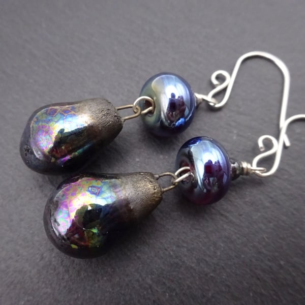 iridescent lampwork glass and ceramic earrings, sterling silver jewellery
