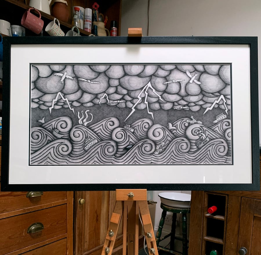 Storm at Sea Framed Original Pen and Ink Artwork