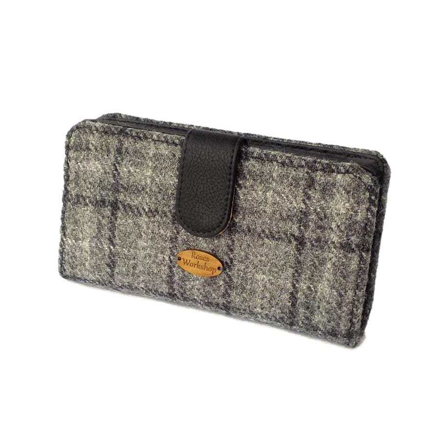 Harris tweed large purse wallet grey black check fabric clutch