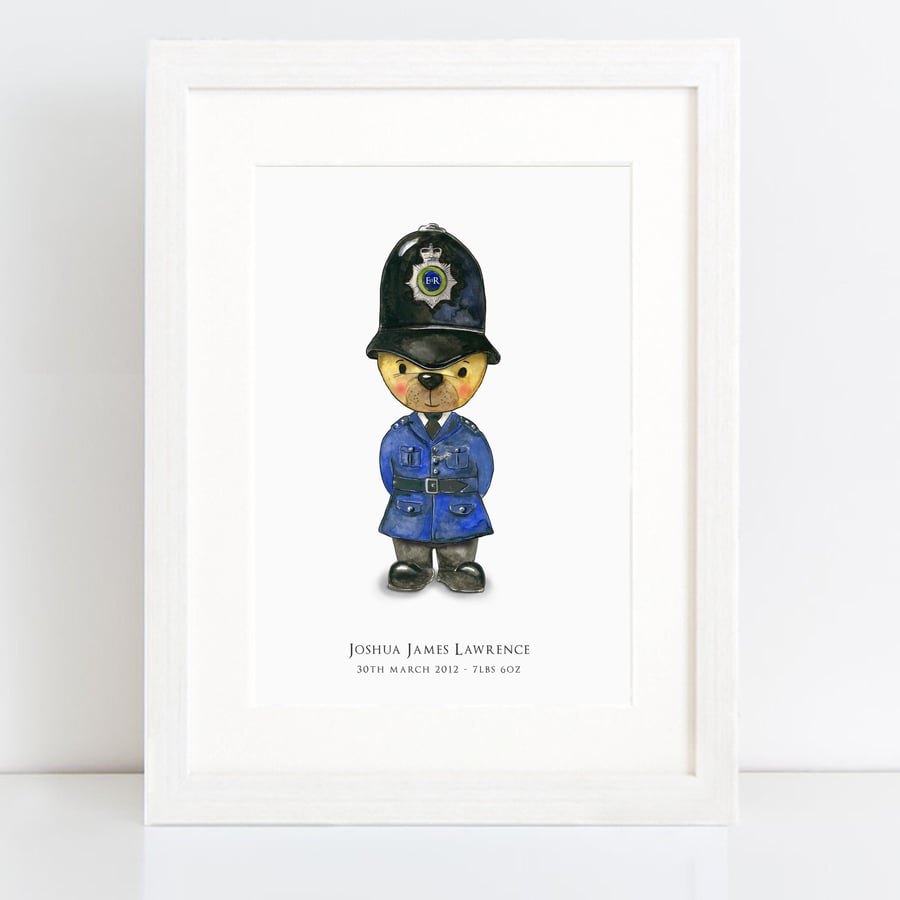 Nursery art "Bobby Bear - Police constable" - personalised nursery art print