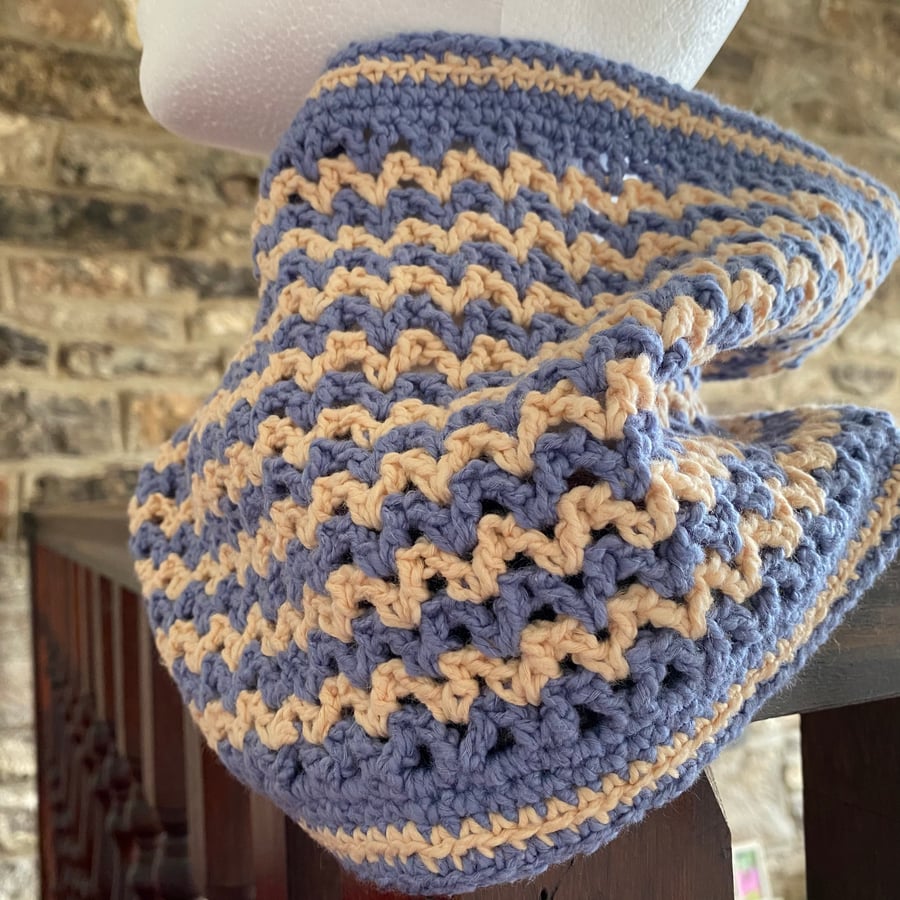 Women’s cowl, snood crocheted in blue and beige cotton