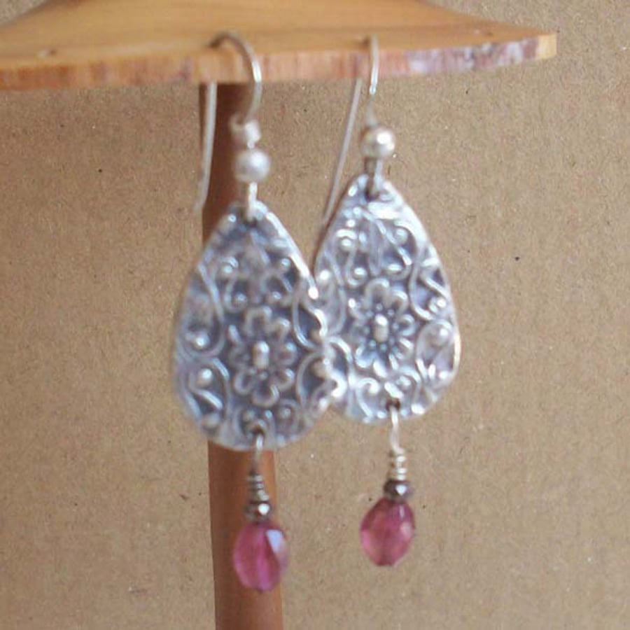 Fine Silver 999 Flower Earrings with Pink Tourmaline