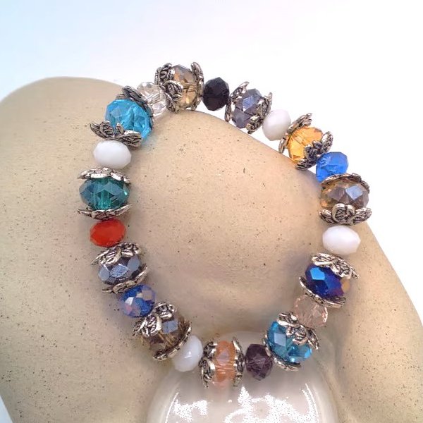 Multi Coloured Crystal Stretch Bracelet with Silver Plated Bead Caps, Bracelet