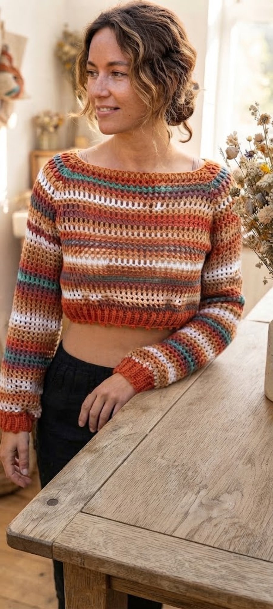 Handmade Athena Lattice Crop Top: Sunset Colour-Flow Boho Jumper