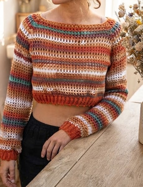 Handmade Athena Lattice Crop Top: Sunset Colour-Flow Boho Jumper