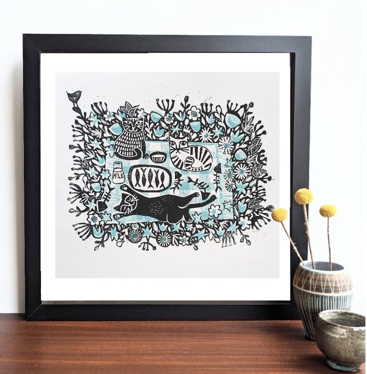 Cat Picnic linocut