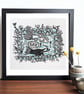 Cat Picnic linocut - Image 1