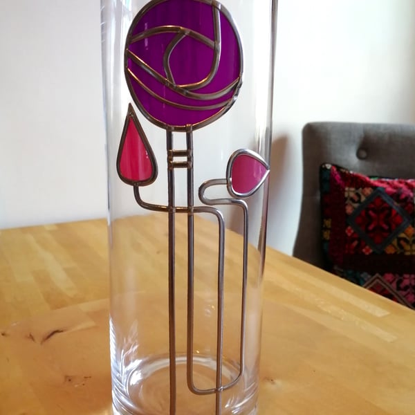 Macintosh inspired art nouveau stained glass effect tall round glass vase 