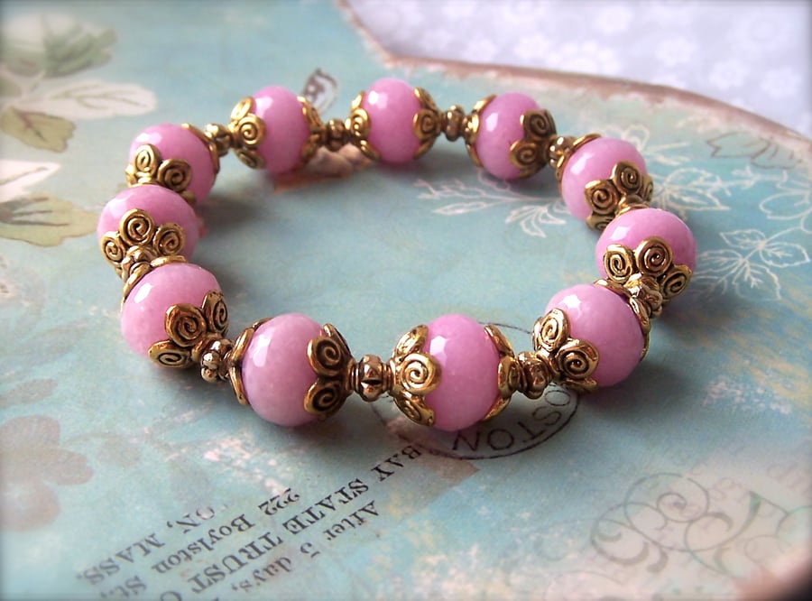 Sale - Half Price - Pink Jade Bracelet, Gemstone Bracelet, Lilac Pink, Gold