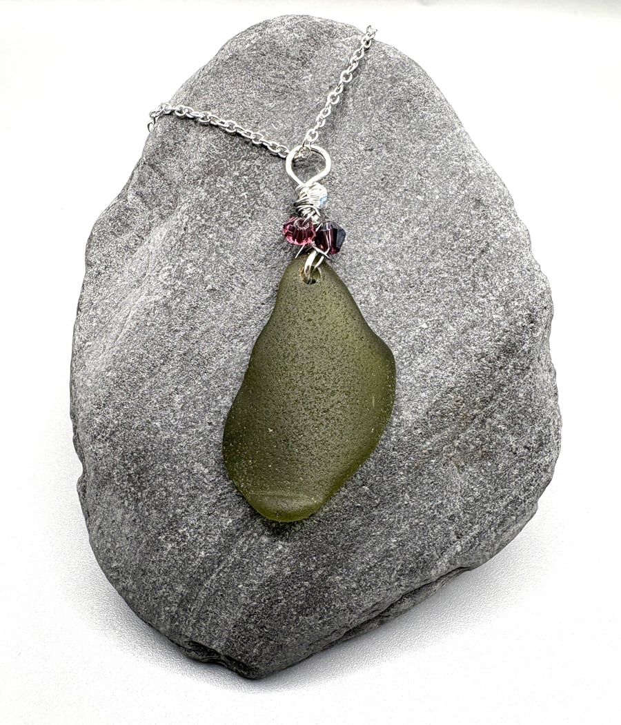 Sea glass necklace. Olive green smooth and naturally curved.