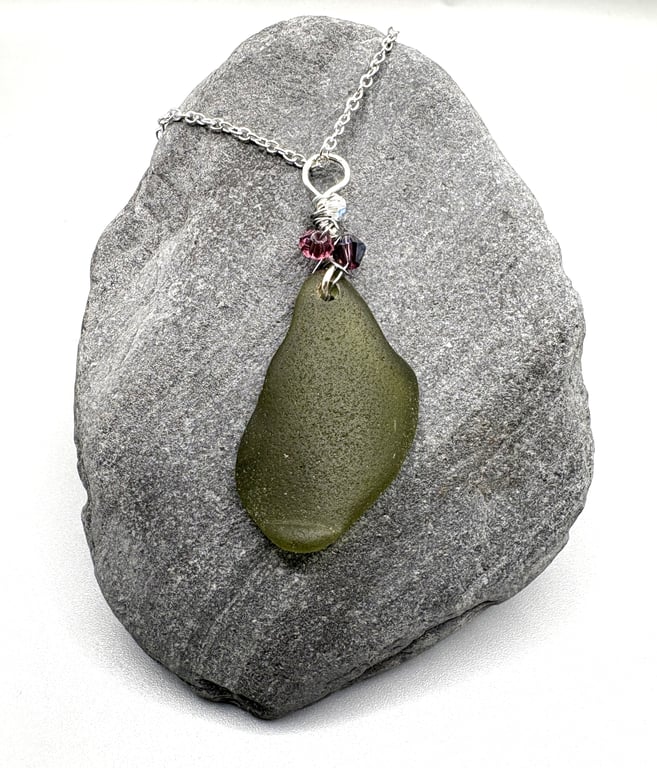 Sea glass necklace. Olive green smooth and naturally curved.