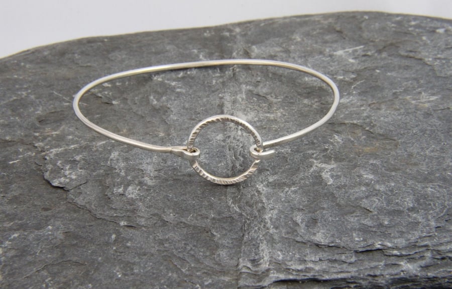 Hammered Circle Clasp Tension Sterling Silver Bangle