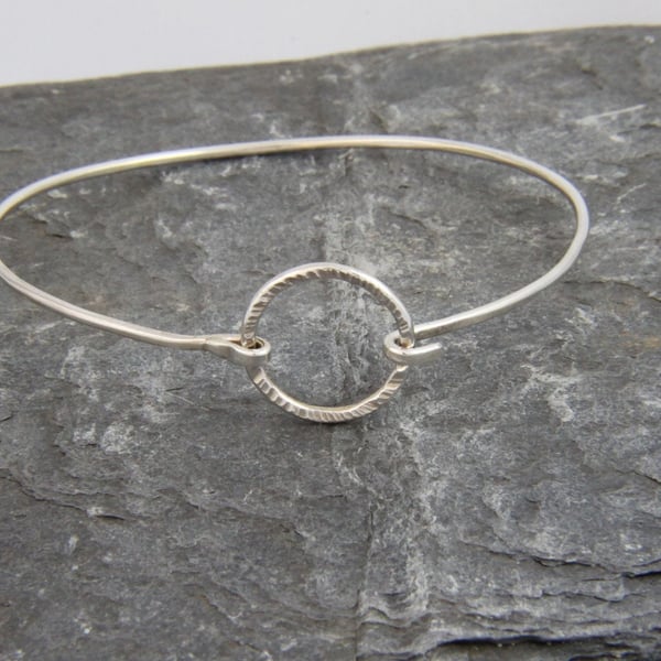 Hammered Circle Clasp Tension Sterling Silver Bangle