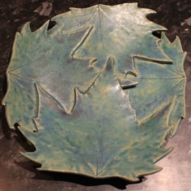 Handmade ceramic matt turquoise  blue leaf dish decoration 