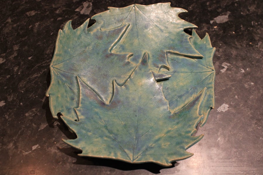 Handmade ceramic matt turquoise  blue leaf dish decoration 