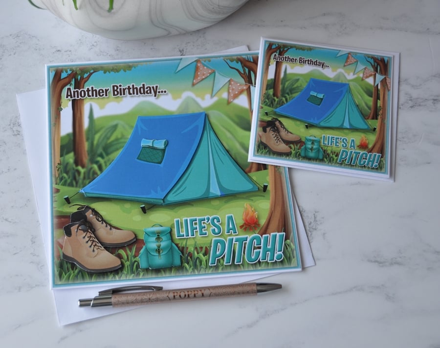 Birthday Blue Tent Forest Camping Life's A Pitch 3D Luxury Handmade Cards