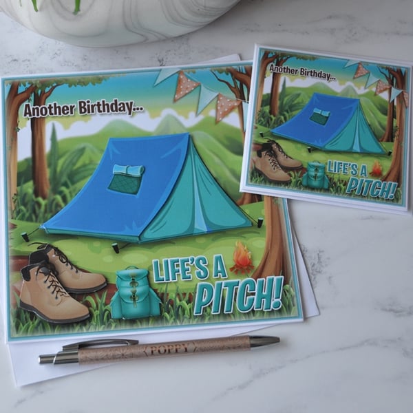 Birthday Blue Tent Forest Camping Life's A Pitch 3D Luxury Handmade Cards