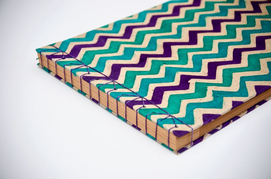 Blue zig zag photo album with Japanese stab binding