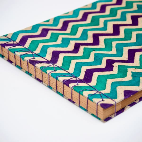 Blue zig zag photo album with Japanese stab binding
