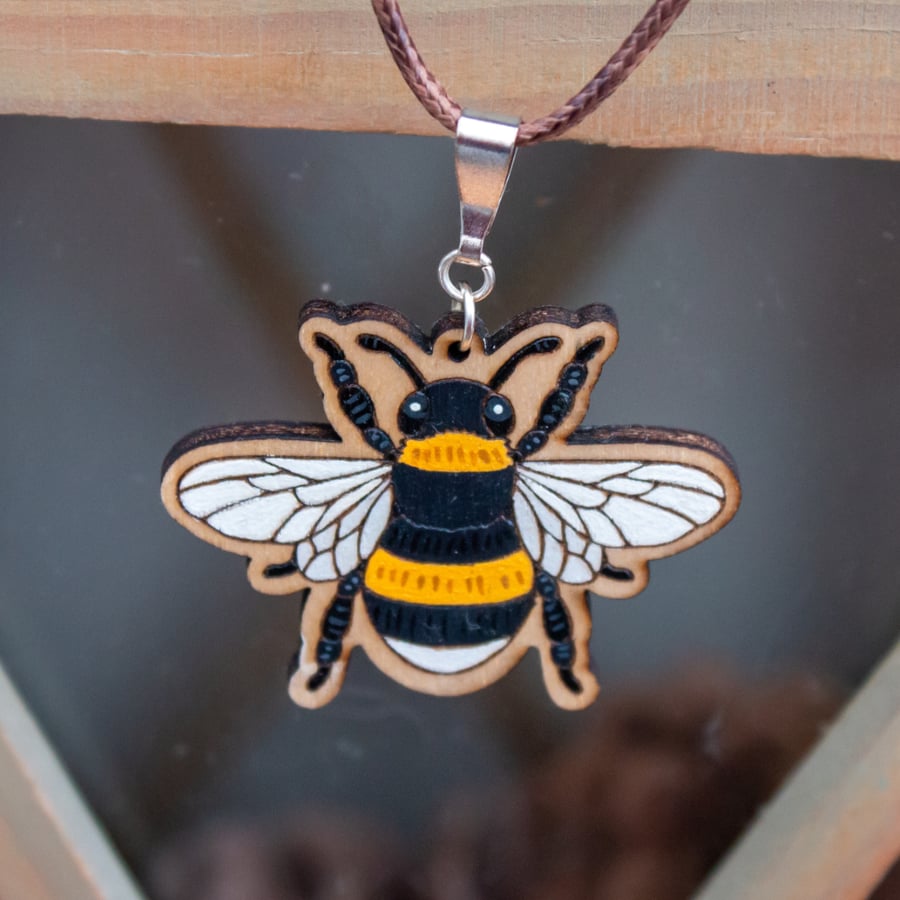 Wooden Bee Necklace - Hand Painted & Folksy