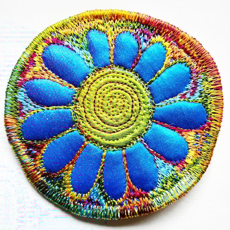 Textile Flower Brooch Free Machine Embroidery in Blue and Green 