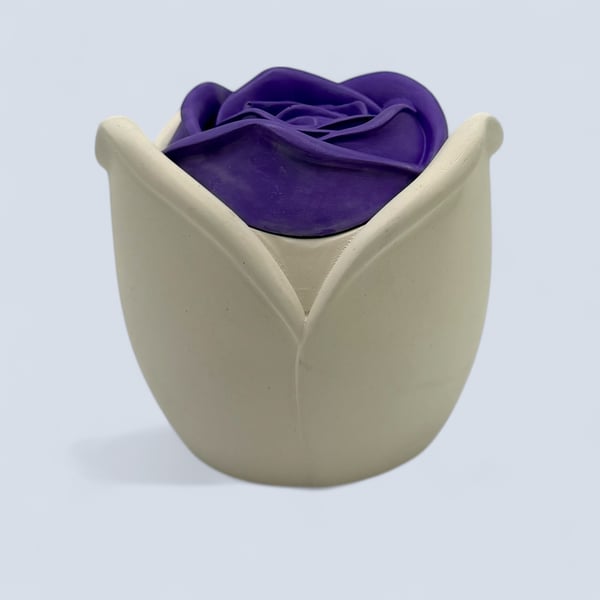 White trinket pot with purple rose lid - handmade jewellery box or keepsake pot