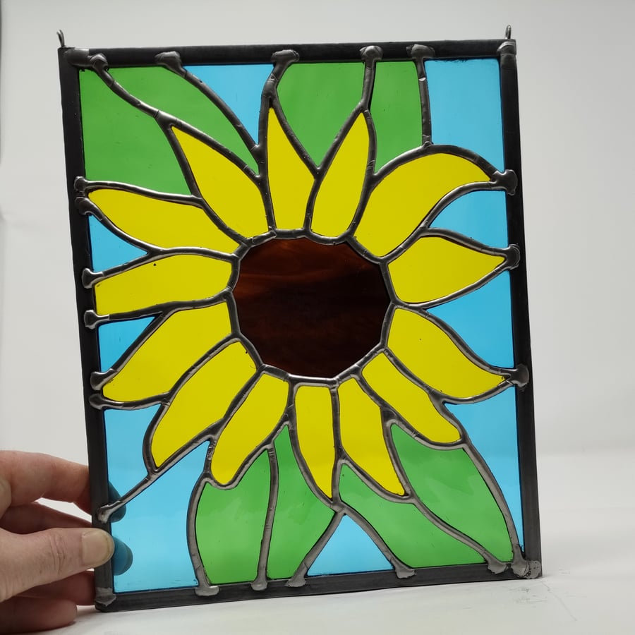 SOLD Stained glass panel - yellow sunflower copperfoil and lead