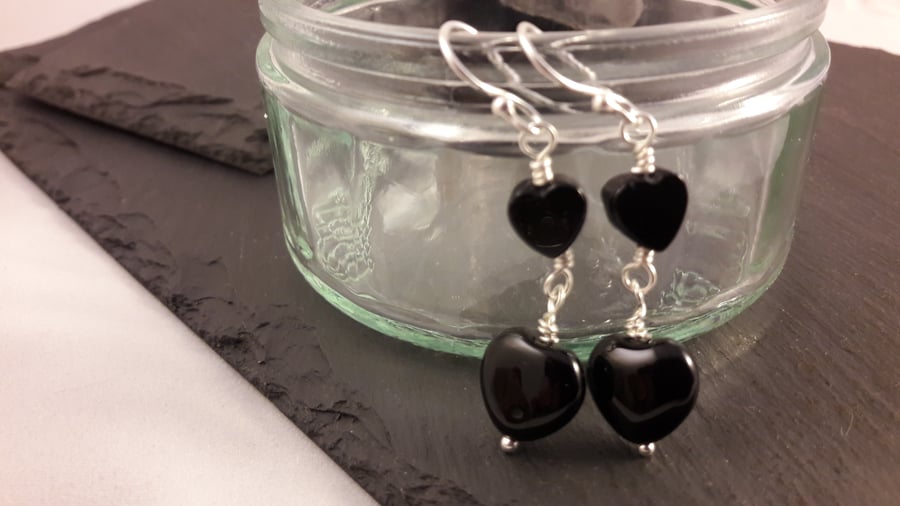 Black Agate Double Heart Earrings