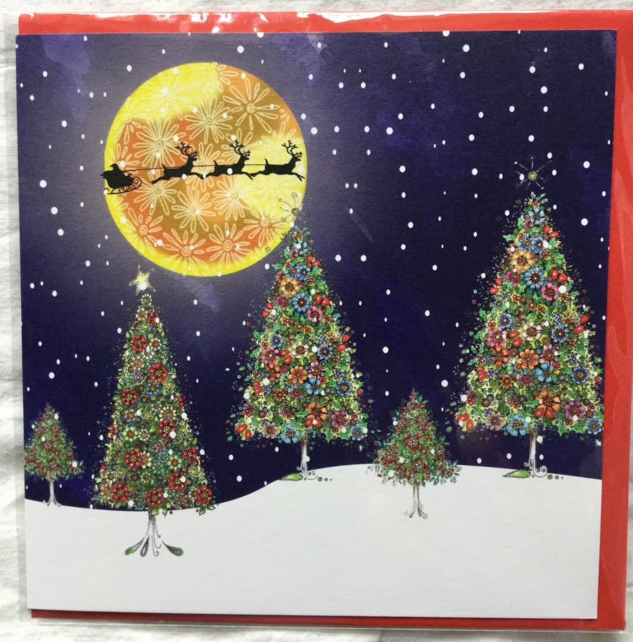 Santa's sleigh ride across the floral moon blank card 