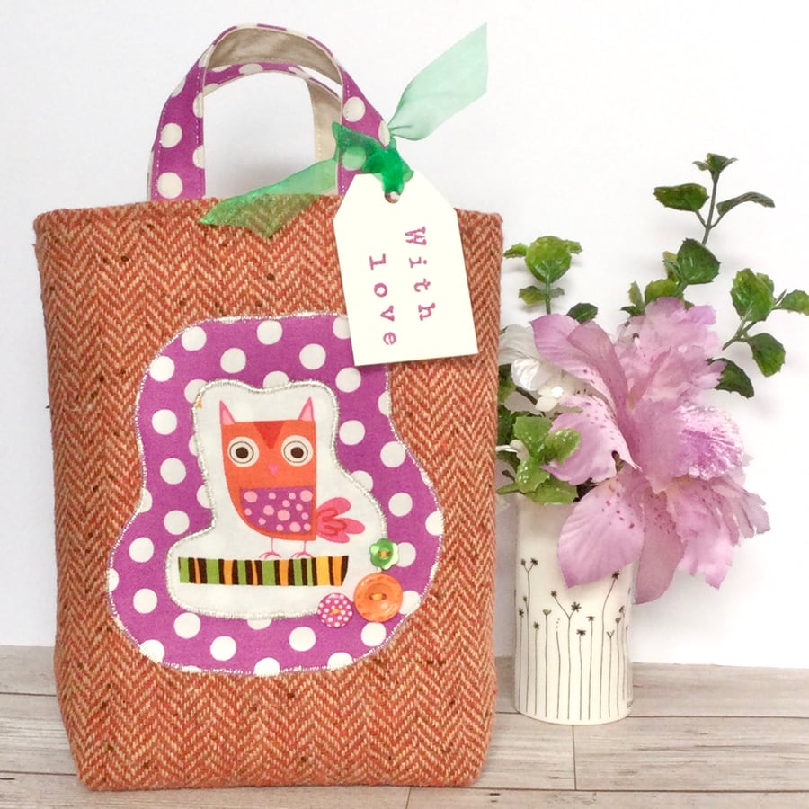 Handmade Owl Gift Bag. Owl Gift Wrap. Tiny Tote. Reusable Gift Wrap. Boho Retro