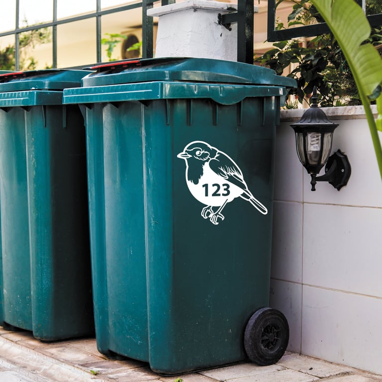 Wheelie Bin Personalised Sticker Custom Number House Number Cute Realistic Robin