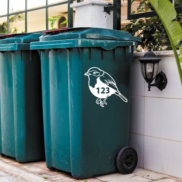 Wheelie Bin Personalised Sticker Custom Number House Number Cute Realistic Robin