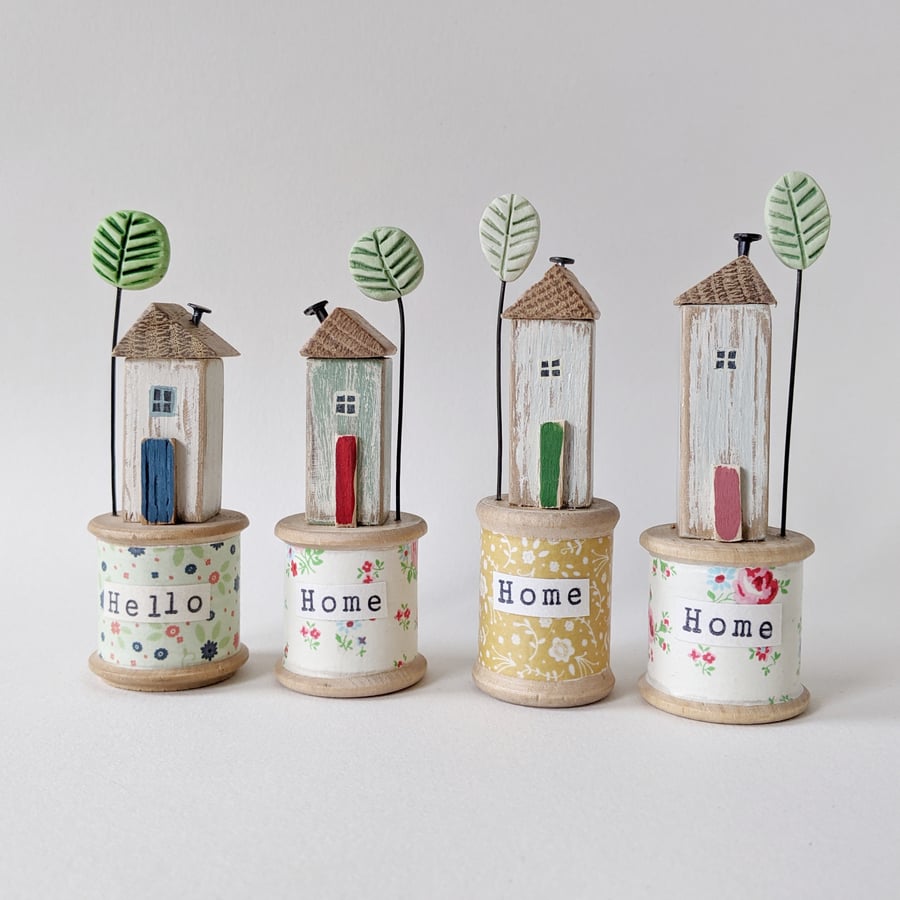 Wooden House on a Vintage Floral Bobbin with Tree 'Hello' & 'Home'