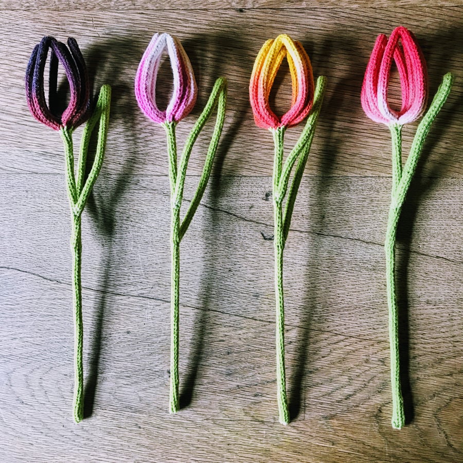 A Simple Spring Tulip - knitted, hand dyed string flower stem sculpture