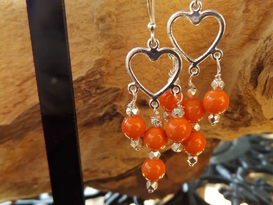 Coral shell pearl chandelier earrings