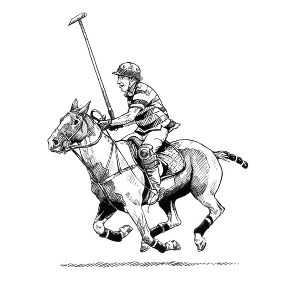 Your line! Humerous giclee print of very eager polo player in hot pursuit.