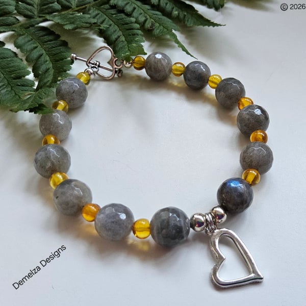 Designer Natural Untreated Labradorite & Baltic Amber Heart Bracelet 