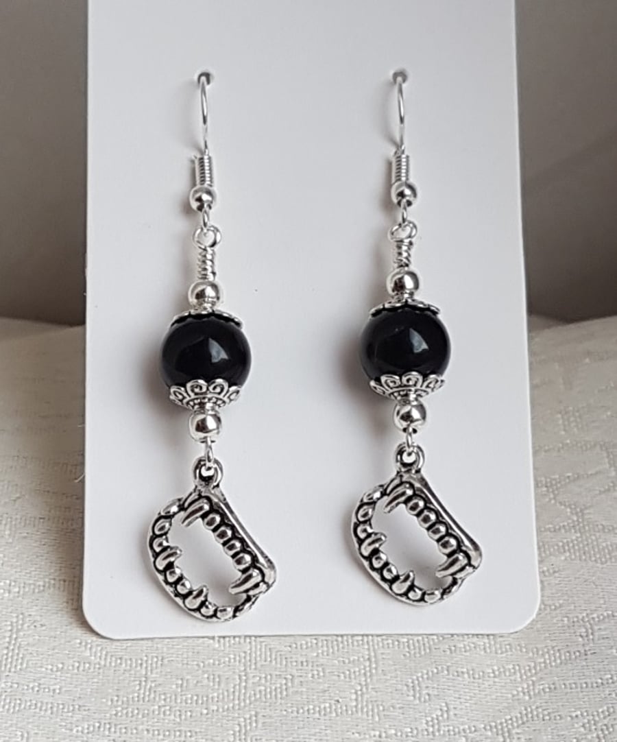 Gorgeous Black Obsidian and Vampire Fang Earrings
