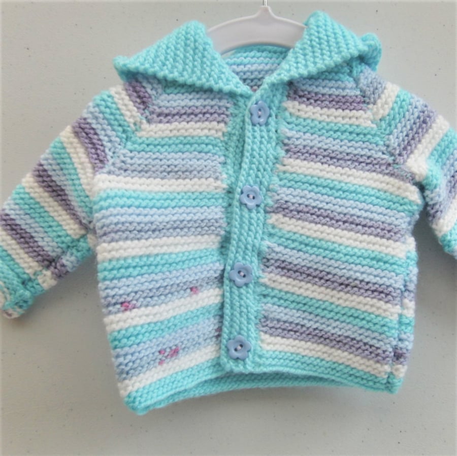 Hand Knitted Baby Hooded Jacket, Baby Shower Gift, New Baby Gift
