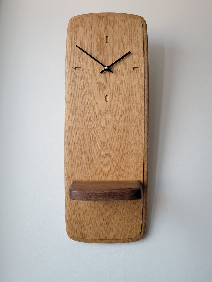 Wall Clock Long with Shelf - Oak Walnut Shelf Black Hands Dash Indicators