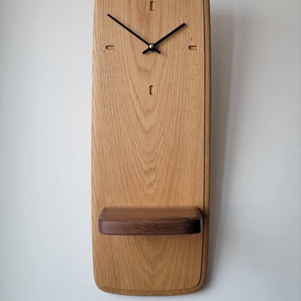 Wall Clock Long with Shelf - Oak Walnut Shelf Black Hands Dash Indicators