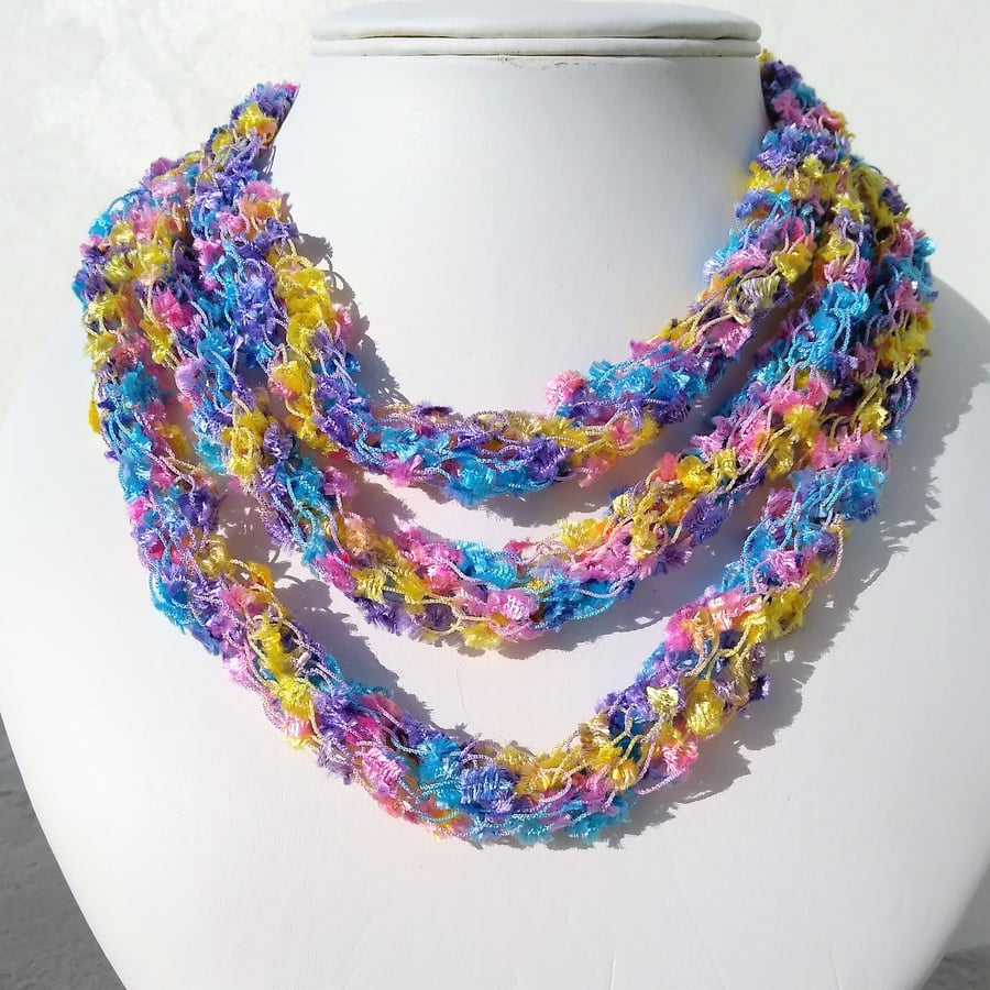 Hand Crocheted Multi Strand Pastel Fancy Wool Necklace Scarf