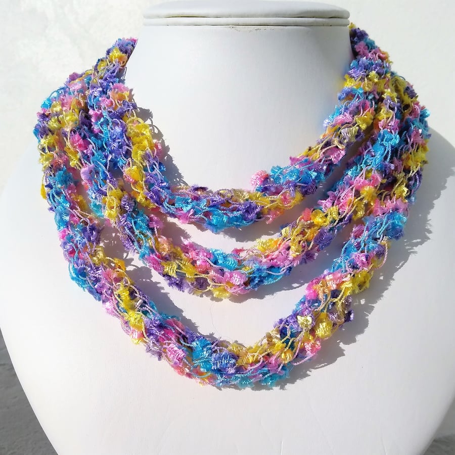 Hand Crocheted Multi Strand Pastel Fancy Wool Necklace Scarf